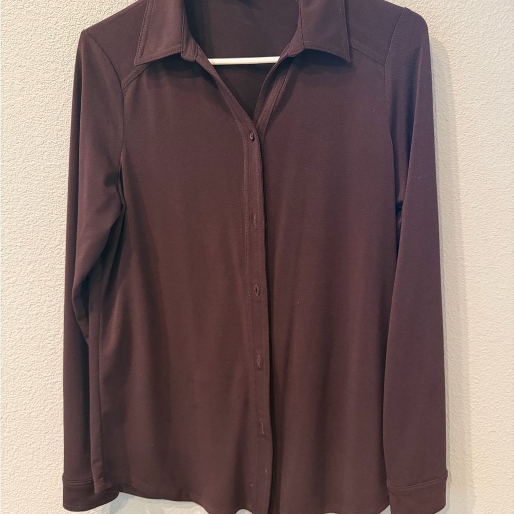 Adrianna Papell Chocolate Brown Button-Front Collared Top